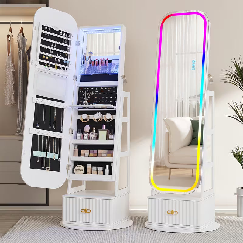 D Armadio Gioielli 360° Vintage con Specchio e Luci LED