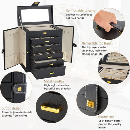 AKOZLIN Huge Jewelry Box Organizer Functional Lockable, Large Leather Jewelry Storage Case for Women Girls Ring Necklace Earring Bracelet Holder Organizer with Mirror