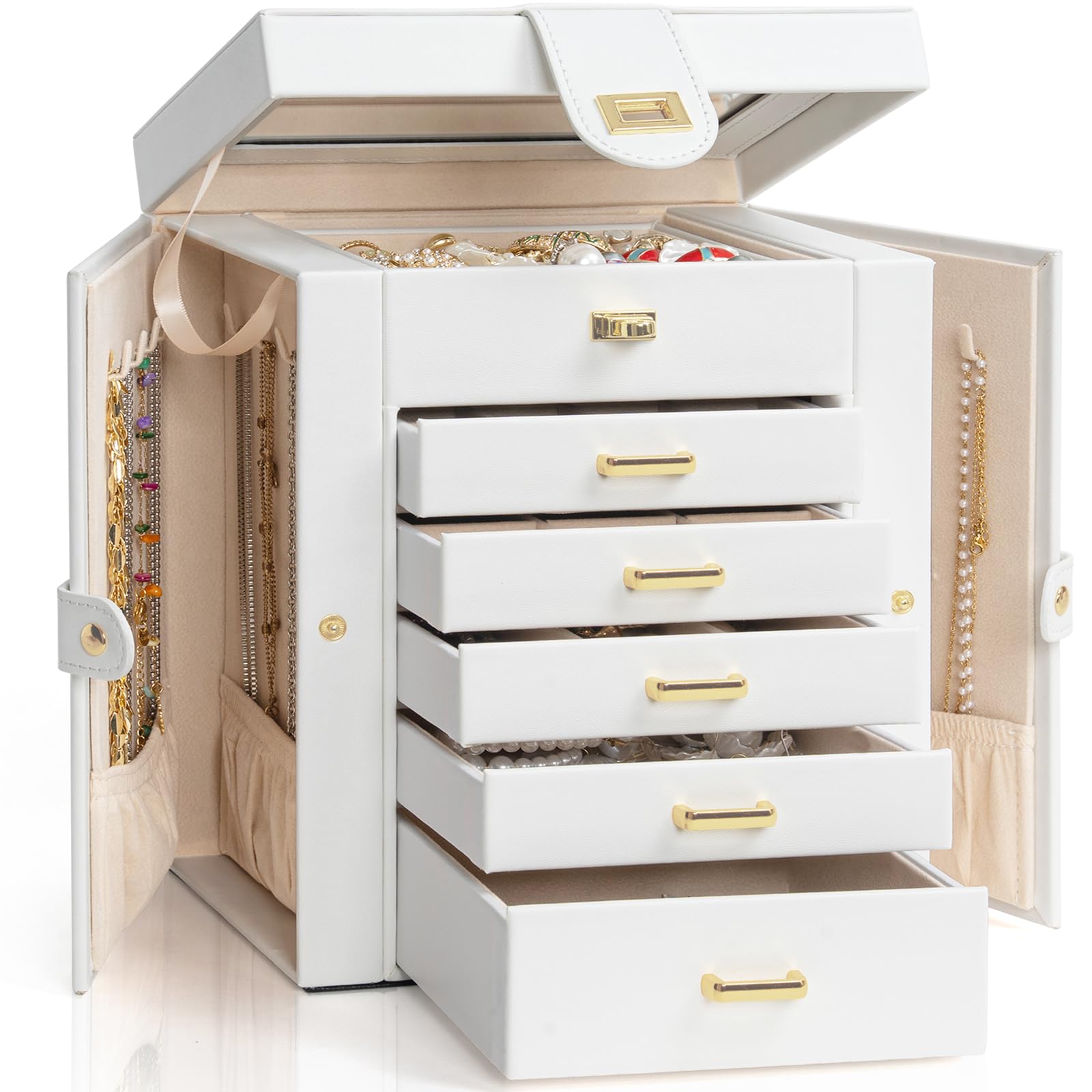 AKOZLIN Huge Jewelry Box Organizer Functional Lockable, Large Leather Jewelry Storage Case for Women Girls Ring Necklace Earring Bracelet Holder Organizer with Mirror